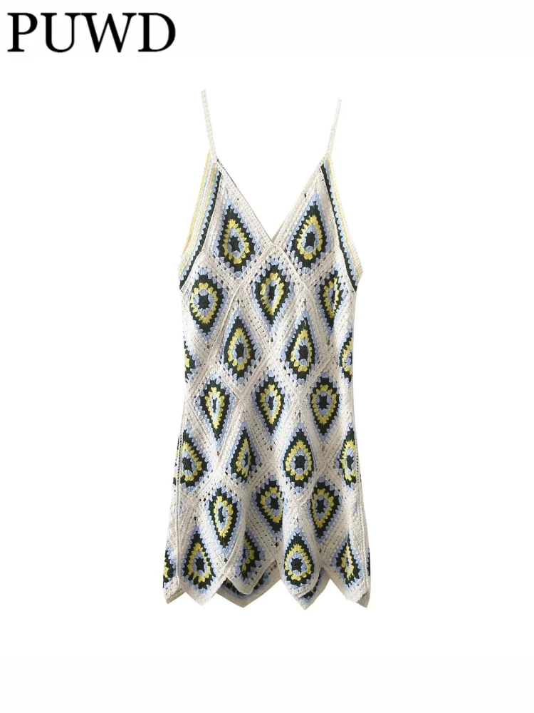 

PUWD Casual Women Vintage Hook Flower Rhombic Lattice Suspender Dress 2022 Summer Fashion Ladies Casual Female Knitted Top