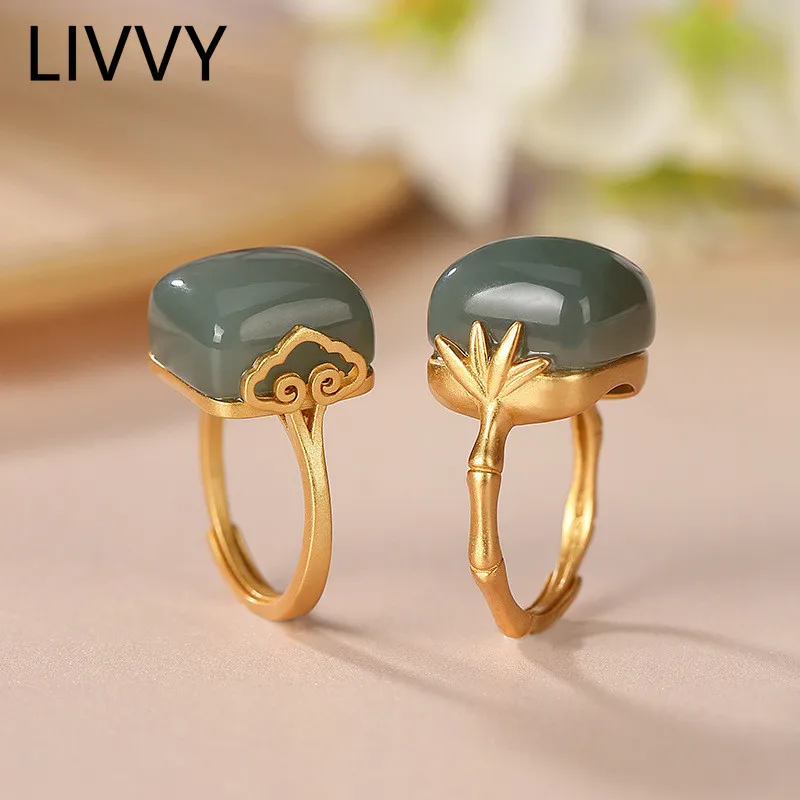 

Natural Stone Blue ink Retro Personality Temperament Ruyi Bamboo Adjustable Ring for Women Men Simple Light Luxury Party Jewelr