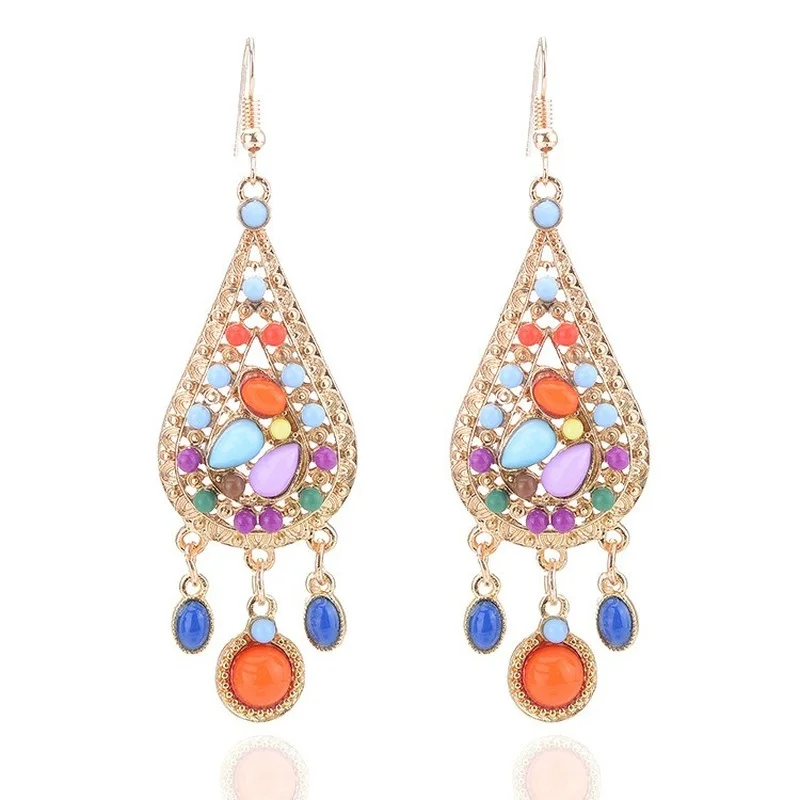 

Retro Bohemian Ethnic Colorful Drop Earrings for Women Long Luxury Colorful Gem Tassel Trend Moroccan Pendant Earrings Jewelry