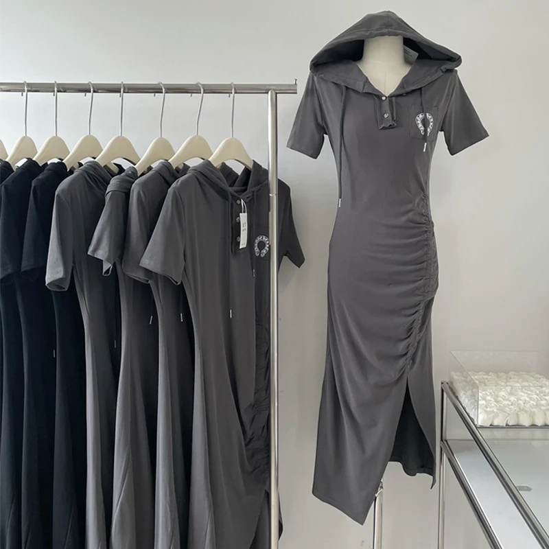 

Summer Dresses Woman New Elegant Fold Midi Bodycon Casuial Lady Solid Hooded Slim Clothing Femme Split Pencil Dress