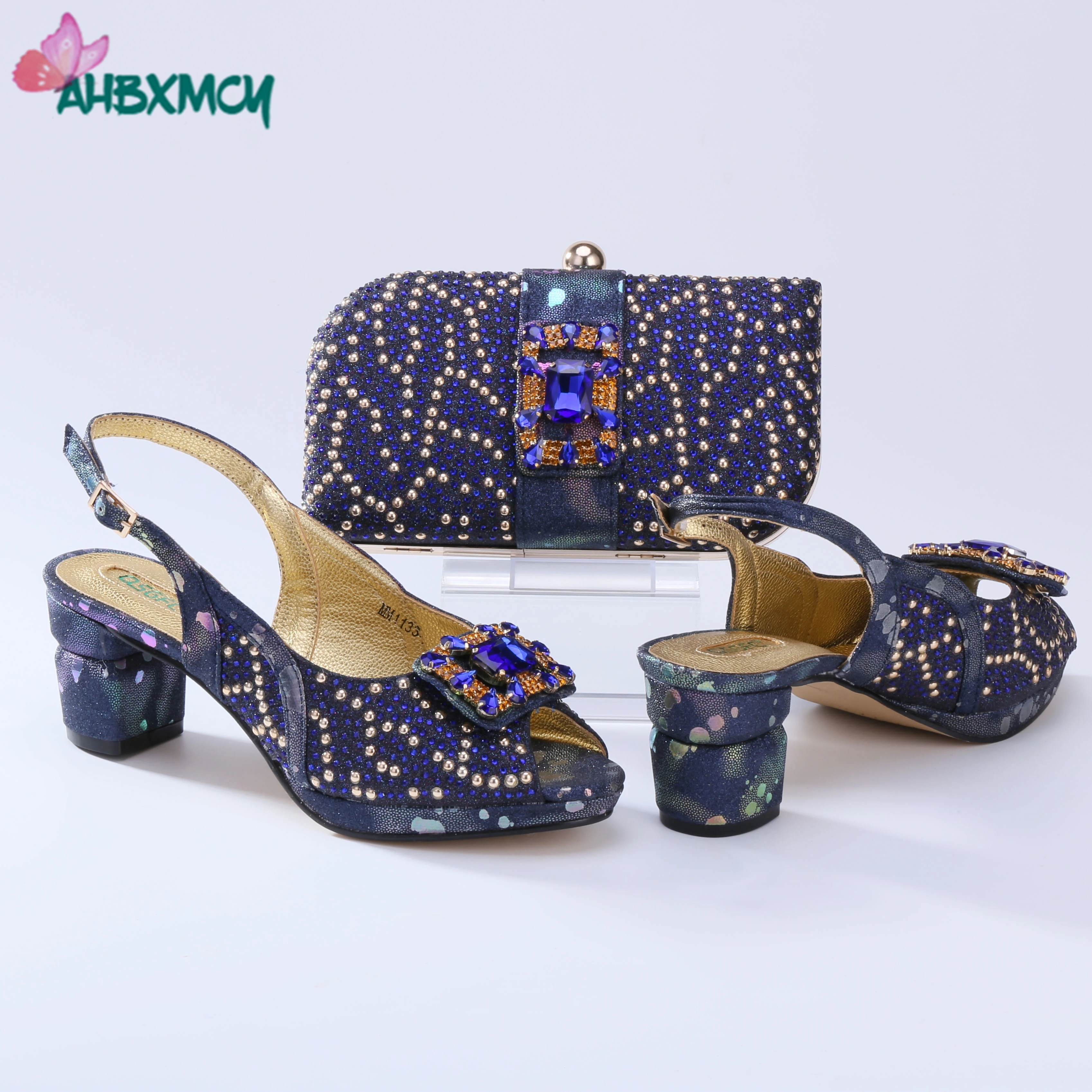 

New Arrival Spring Autumn Royal Blue Italian Design Women Shoes and Bag Set African Matching with Crystal for Royal Party