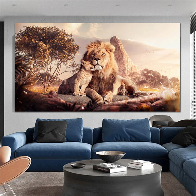 

Современное искусство большого размера, зернистость льва, животные, настенное искусство, картина для гостиной, Картина на холсте, закат, печ...