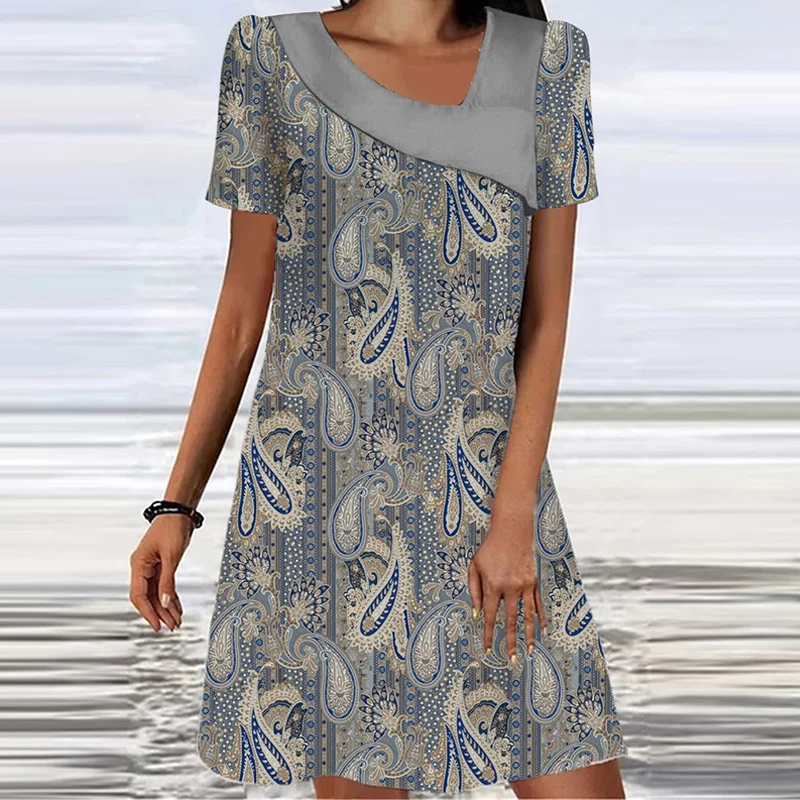 

Богемное модное платье 2023 винтажное платье-трапеция с принтом с коротким рукавом повседневное офисное женское платье с V-образным вырезом в...
