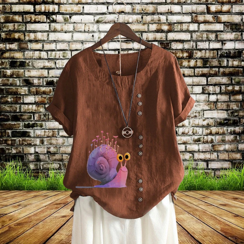 

2022 Women Summer Snail Printed Round Neck Short Sleeve T Shirt Casual Loose Plus Size Solid Color Cotton Linen Top Breathable