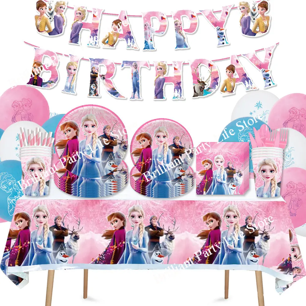 

Frozen Party Pink Cartoon Characters Themes Disposable Cutlery Sets Napkins Paper Plates For Child Birthday Supplies Party Decor