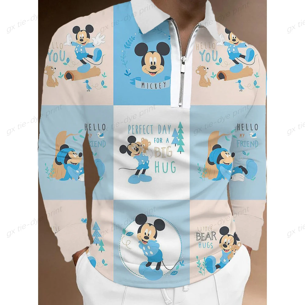 2022 Disney Donald Duck Mickey Mouse Polo Shirt Men's Long Sleeve Lapel Zip Slim Casual Cartoon Digital Print Men's Polo Shirt