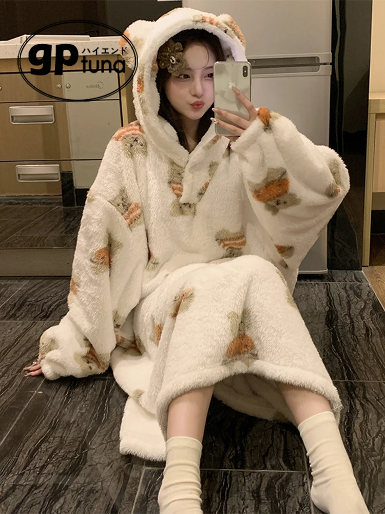 Япония GP коралловый флис длинная ночная рубашка для женщин зимняя милая толстая