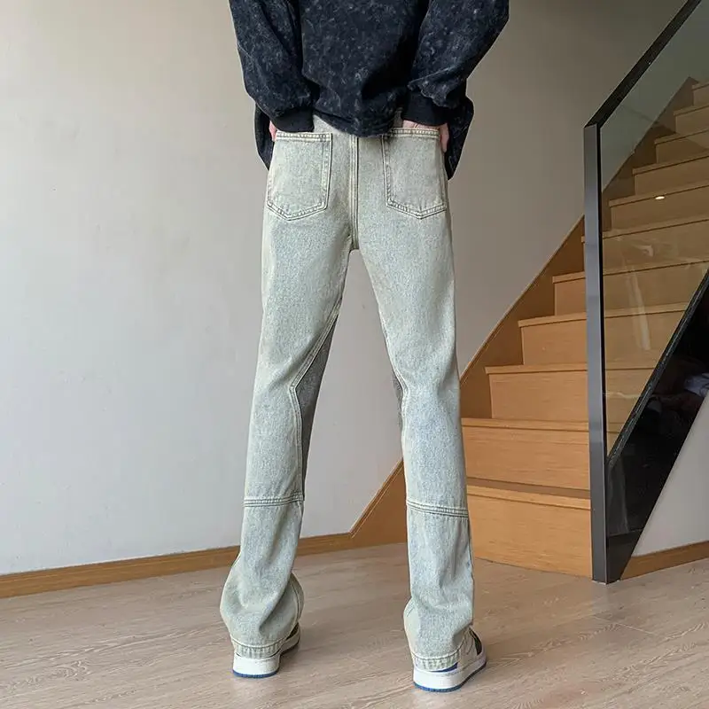 DEEPTOWN Blue Patchwork Jeans Men Loose Fashion Straight Denim Pants Casual Streetwear Trousers Male Vintage Hip Hop Spring