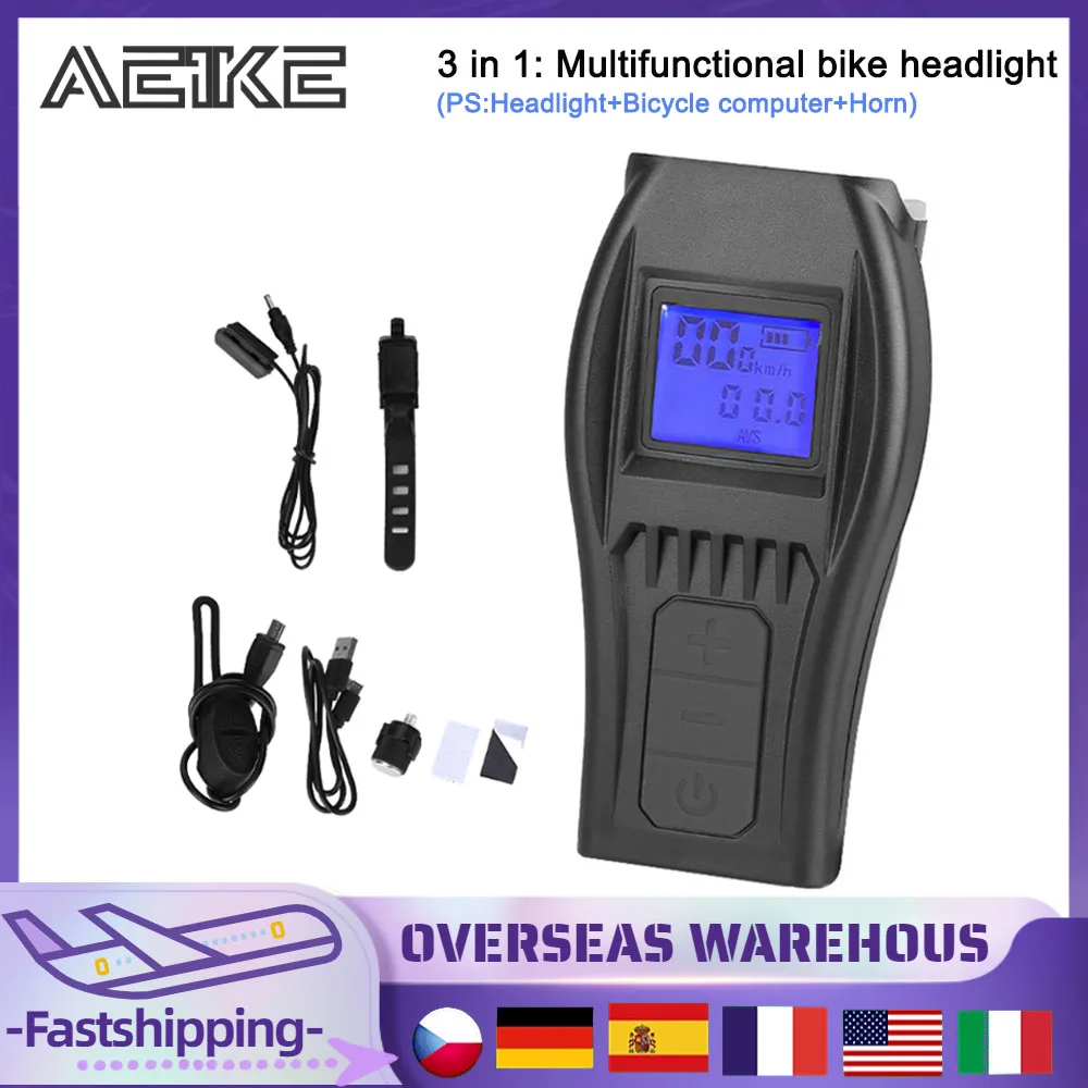 

3 in 1 LED Bike Light Front Headlight with Digital Bike Computer 120dB Horn Support 4 Light Modes for MTB Mountain Road Bike
