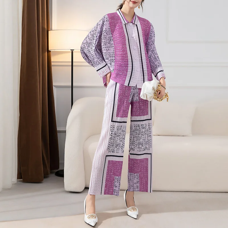 

Miyake Fashion Women's Set Autumn New Print Loose Single breasted Top+Straight Leg Pants