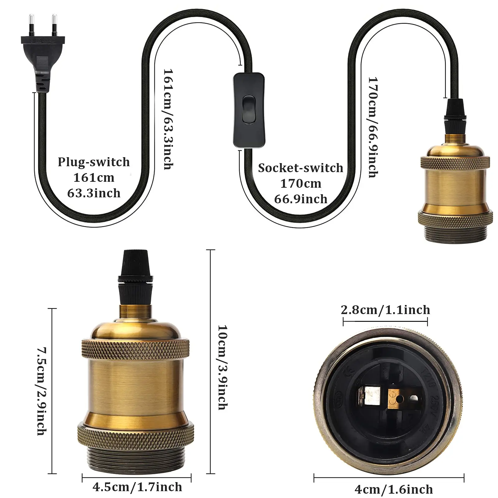Шнур питания с вилкой и выключателем 3 5 м цоколь E26 E27 Электрический текстиль