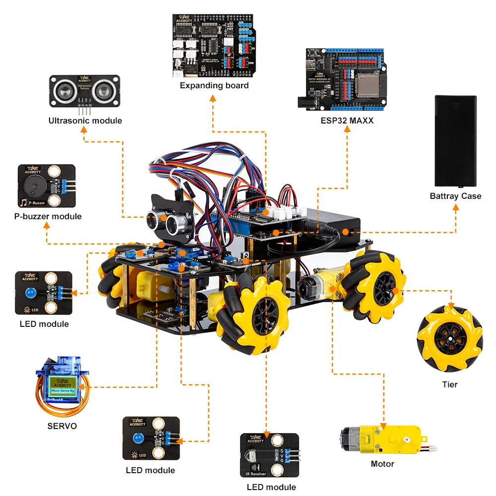 Фото Умный программируемый STEM-робот ACEBOTT ESP32, 4WD-автомобиль, образовательный стартовый набор для Arduino IDE №5