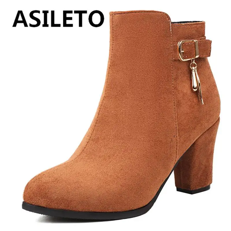 

ASILETO Womens Short Boots Pointed Toe Block Heels 7.5cm Zipper Flock Suede Metal Decoration Plus Size 43 Mature Daily Shoes