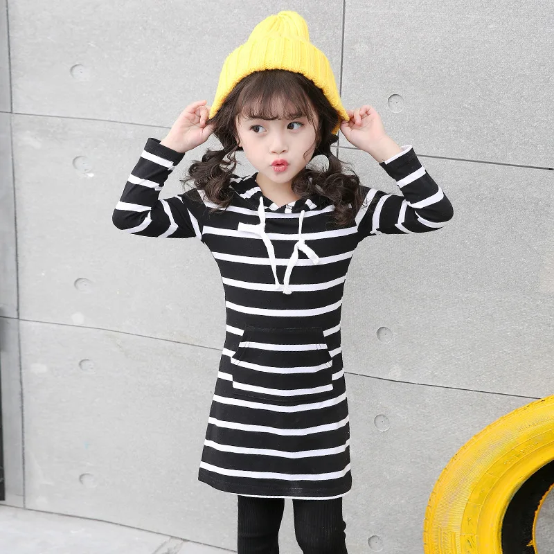

Girls Dress 2022 New Korean Version Of The Spring Model In The Big Girls Slim Hooded Skirt Dress Striped Skirt