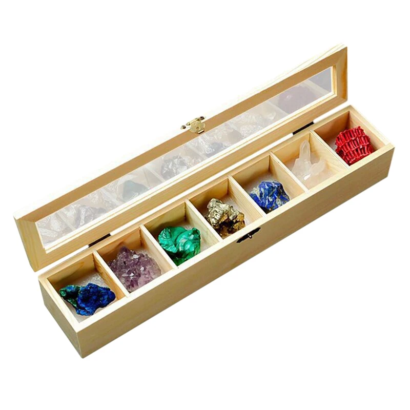 

7Pcs Natural Crystal Ore Specimen Wooden Gift Box Set Agate Gemstone Beads Seven Chakras Of Raw Ore Energy Healing Stone