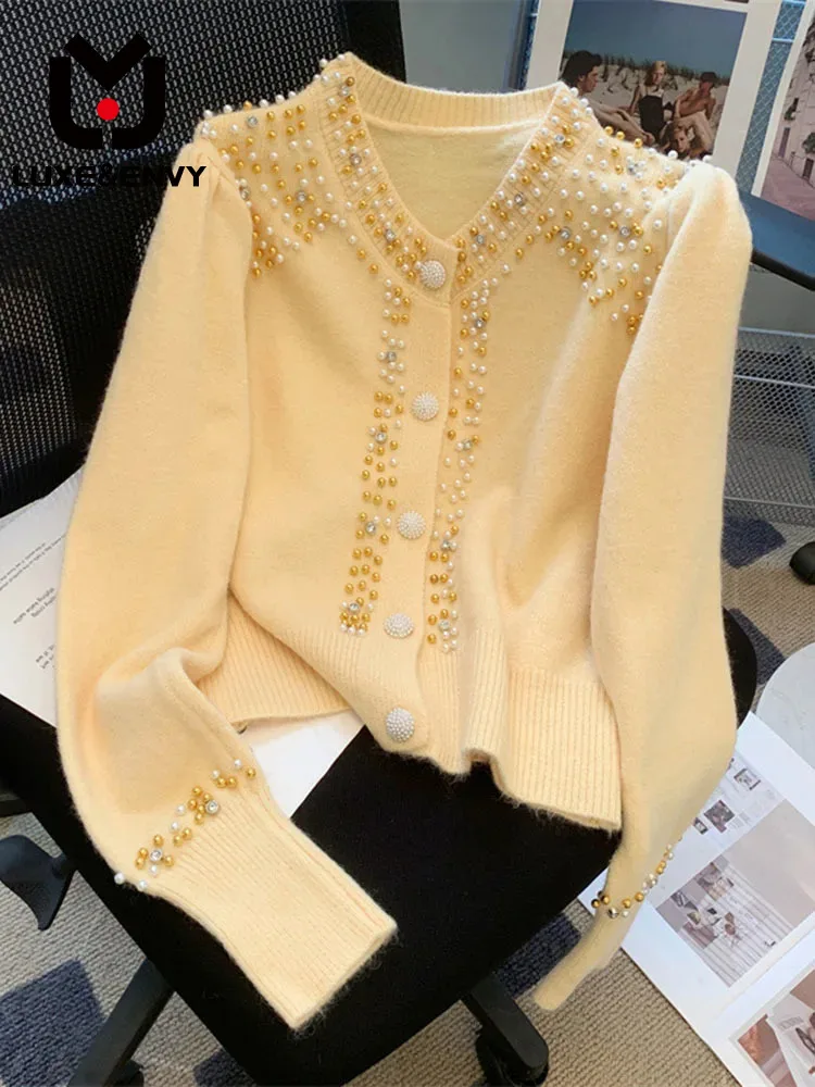 

Роскошный и ENVY короткий однобортный вязаный свитер с бусинами и бриллиантами, с круглым вырезом, кардиган в стиле тяжелой промышленности, осень 2023