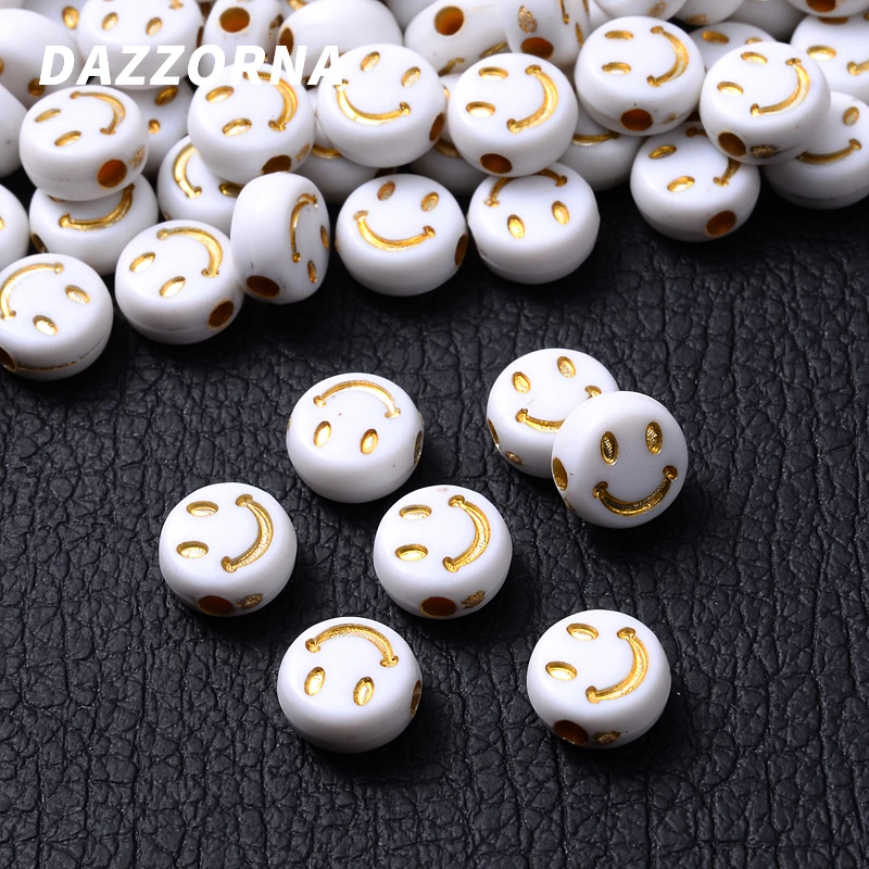 100 шт./лот 4x7 мм белые + золотые акриловые бусины с улыбающимся лицом плоские