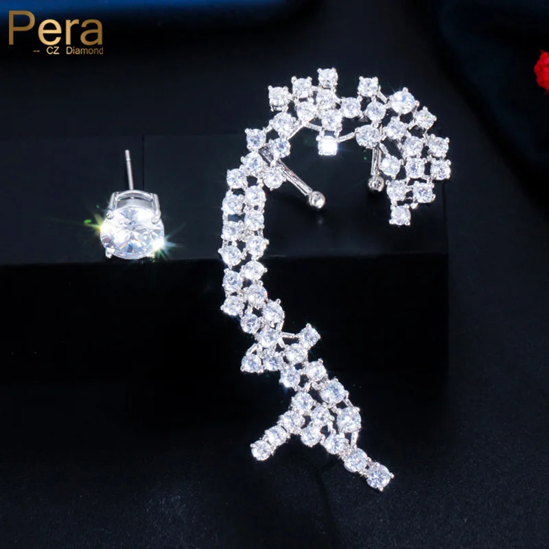 

Pera 2023 Newest Sparkling Round Cut CZ Long Big Asymmetrical Ear Climber Clamp Stud Earrings for Women Party Jewelry Gift E589