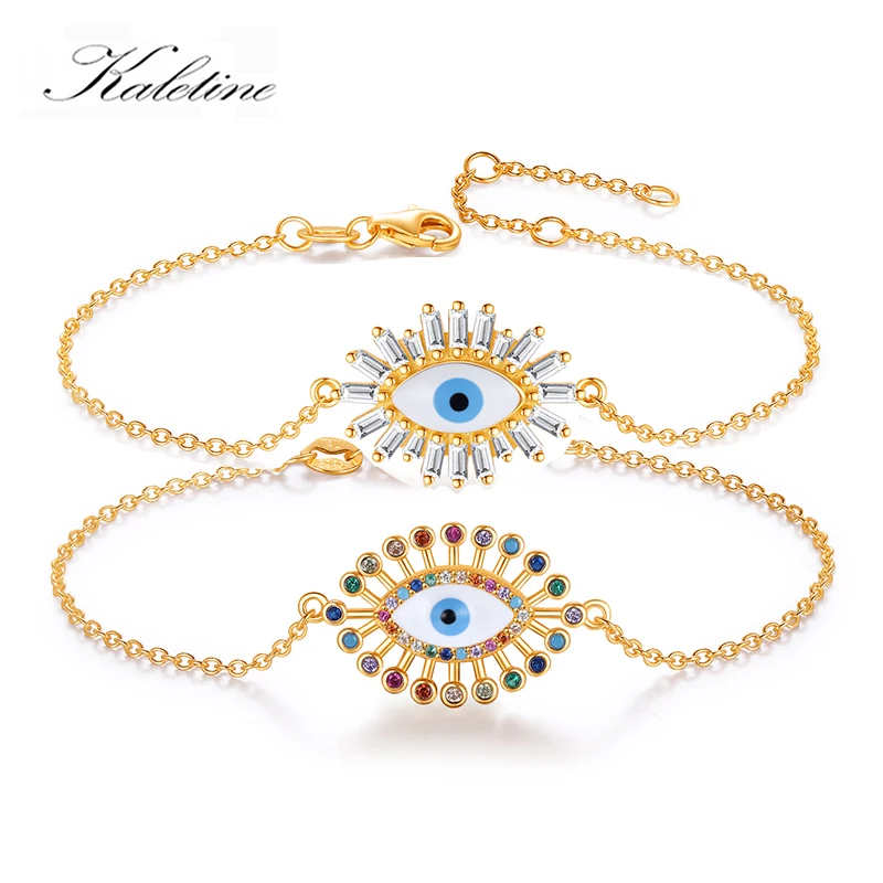 

KALETINE 925 Sterling Silver Turkish Evil Eye Bracelet Charm CZ Zircon Rainbow Enamel Round Hamsa Bracelet for Women Jewelry