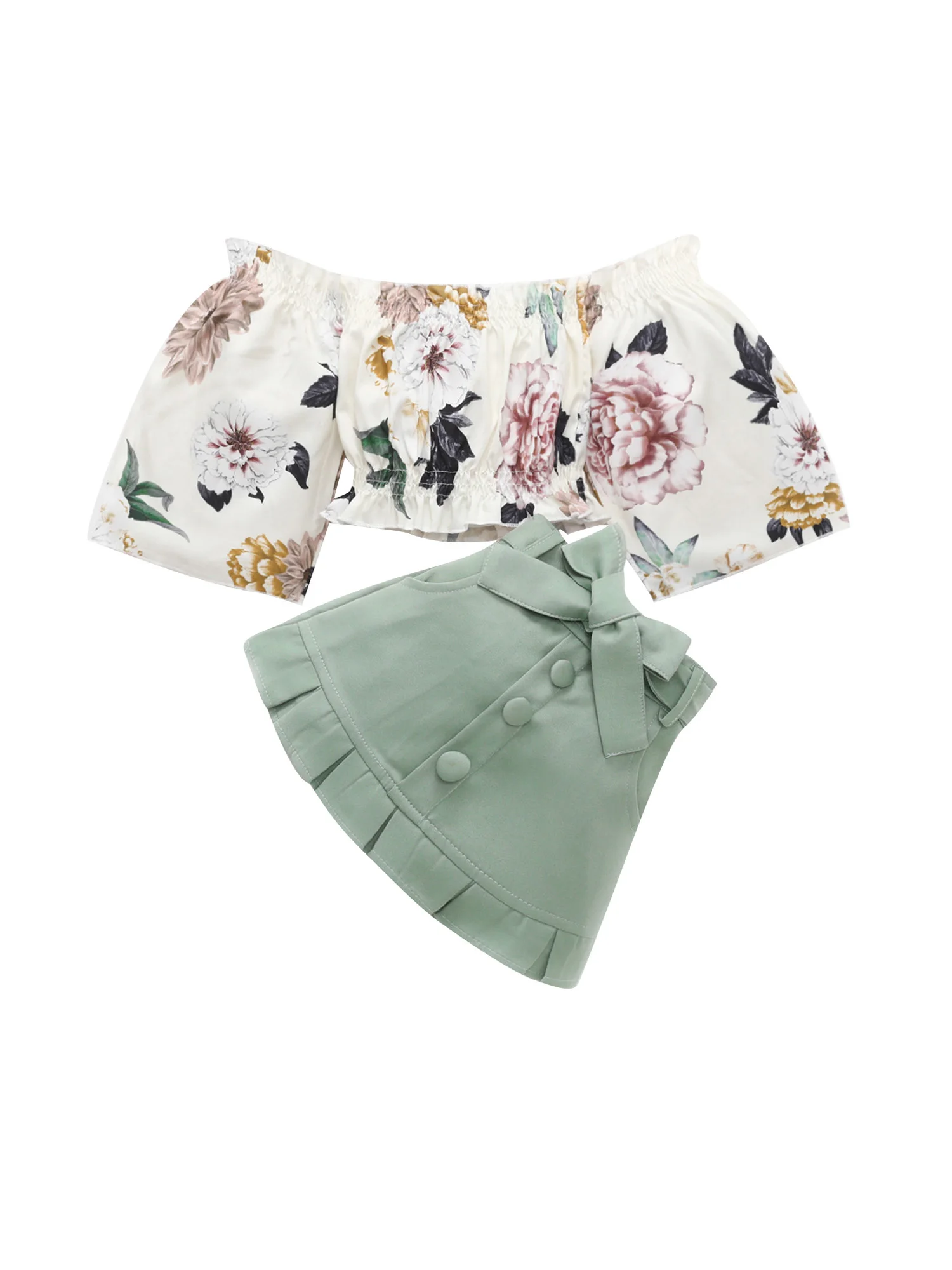 

Футболка с открытыми плечами и юбка-трапеция с оборками и цветочным принтом для девочек-стильный и повседневный наряд для детей