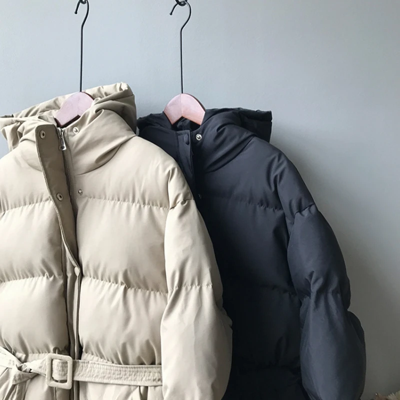 2021 Women's Jacket Streetwear Casual Padded Winter Warm Coat Femme Black Parkas with Sashes Hooded Korean Style Women Clothing