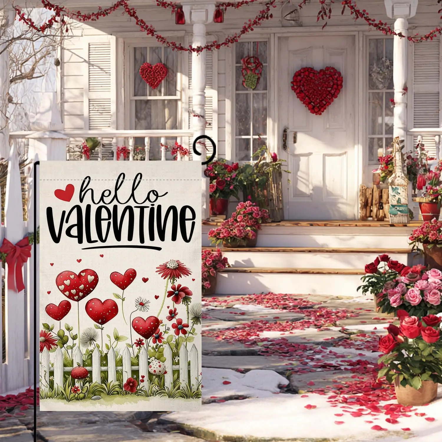 Фото Флаг BLKWHT Valentines Love Floral Garden 12x18, вертикальный, двусторонний, с красными цветами, для весеннего декора фермерского дома, для улицы, SSL №4