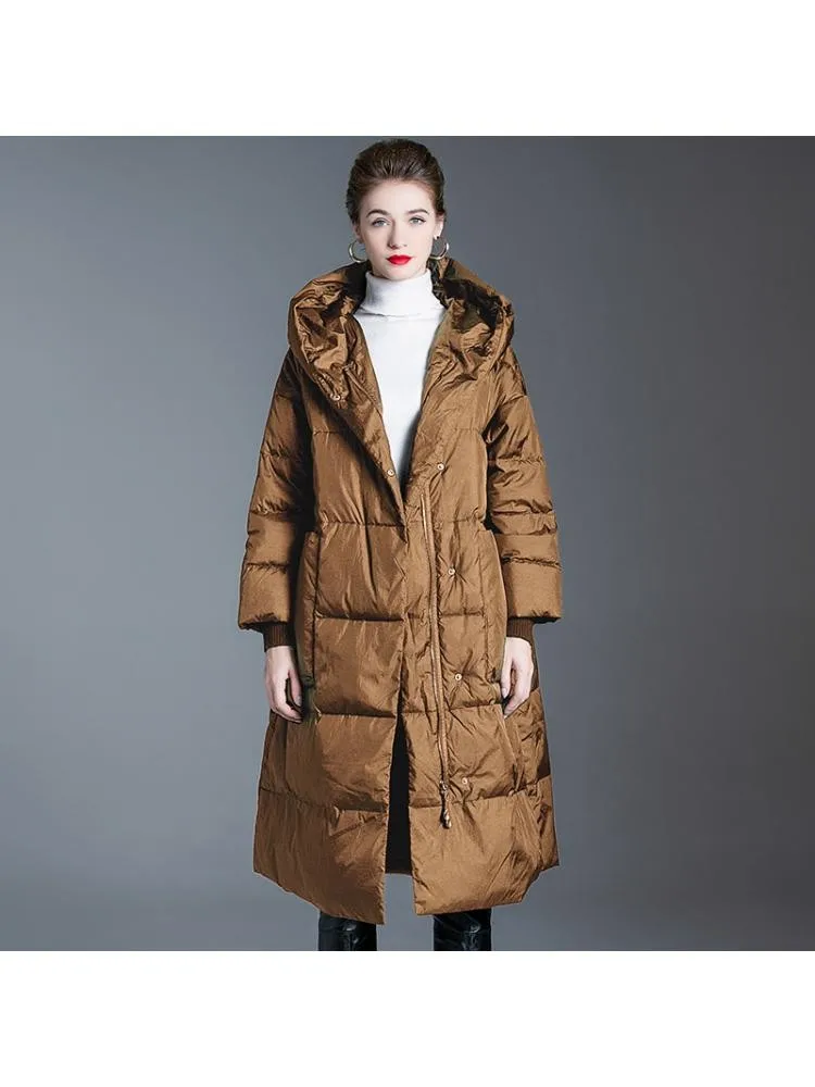 European Style 2022 Winter High End Loose Hooded Padded Black Long 90 White Duck Down Coats Women Warm Bread Clothing Jackets