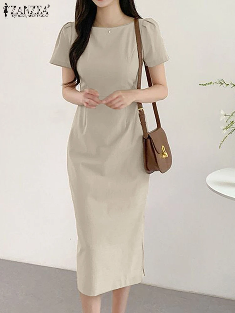 

Модный летний женский сарафан ZANZEA 2022 элегантное платье до середины икры с коротким рукавом однотонное офисное платье с разрезом на подоле