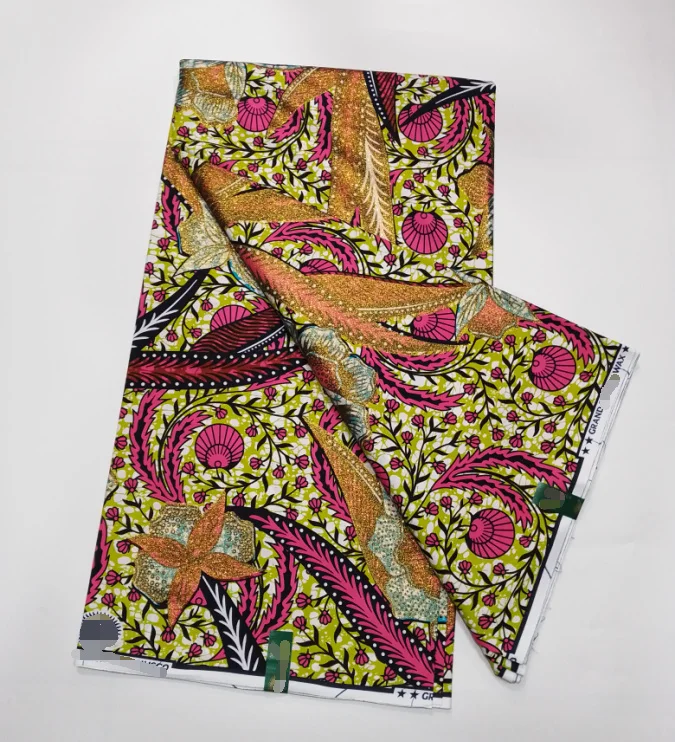 

New African Grand Ankara Wax Fabric Pagne Loincloth Prints Batik Glitter Golden Soft Cotton Material Stuff For Sew Uniform Dress
