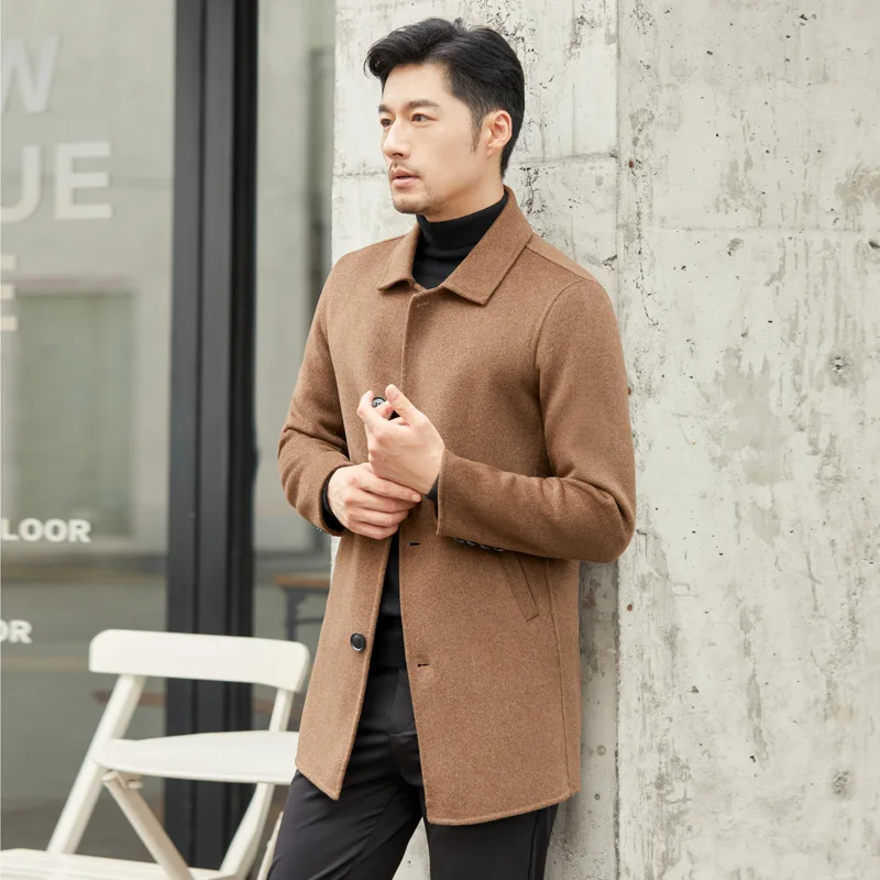 

Мужское двухстороннее шерстяное пальто из 100% чистой шерсти, модная повседневная шерстяная ветровка средней длины на осень и зиму, деловое пальто с лацканами