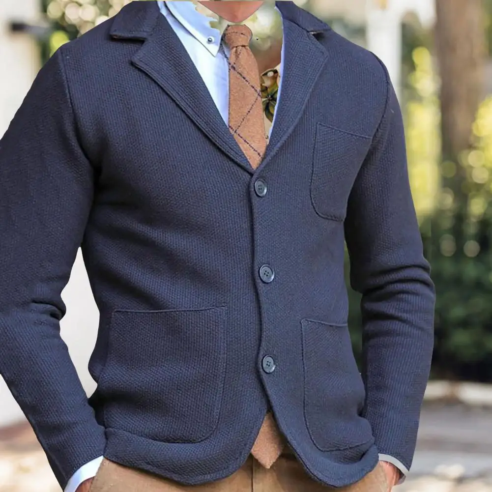 

Men Knitwear Lapel Single-breasted Button Closure Men Cardigan Solid Color Patch Pocket Outwear Jacket Autumn Winter Knitwear