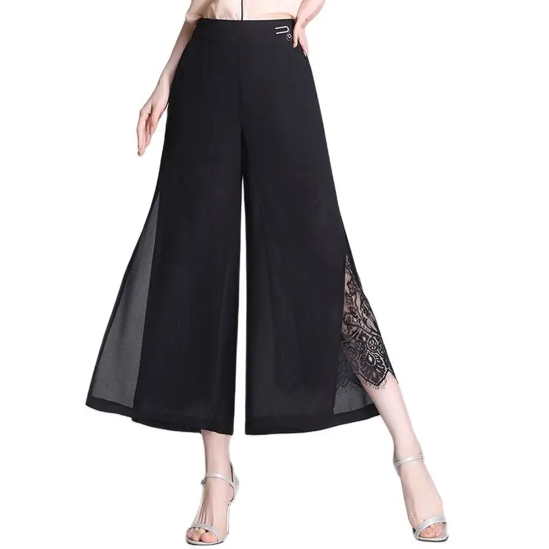 

Women Summer Fashion Wide Leg Cropped Pants High Waist Middle-aged Mother Elastic Band Lace Split Chiffon Capris Trousers 3XL