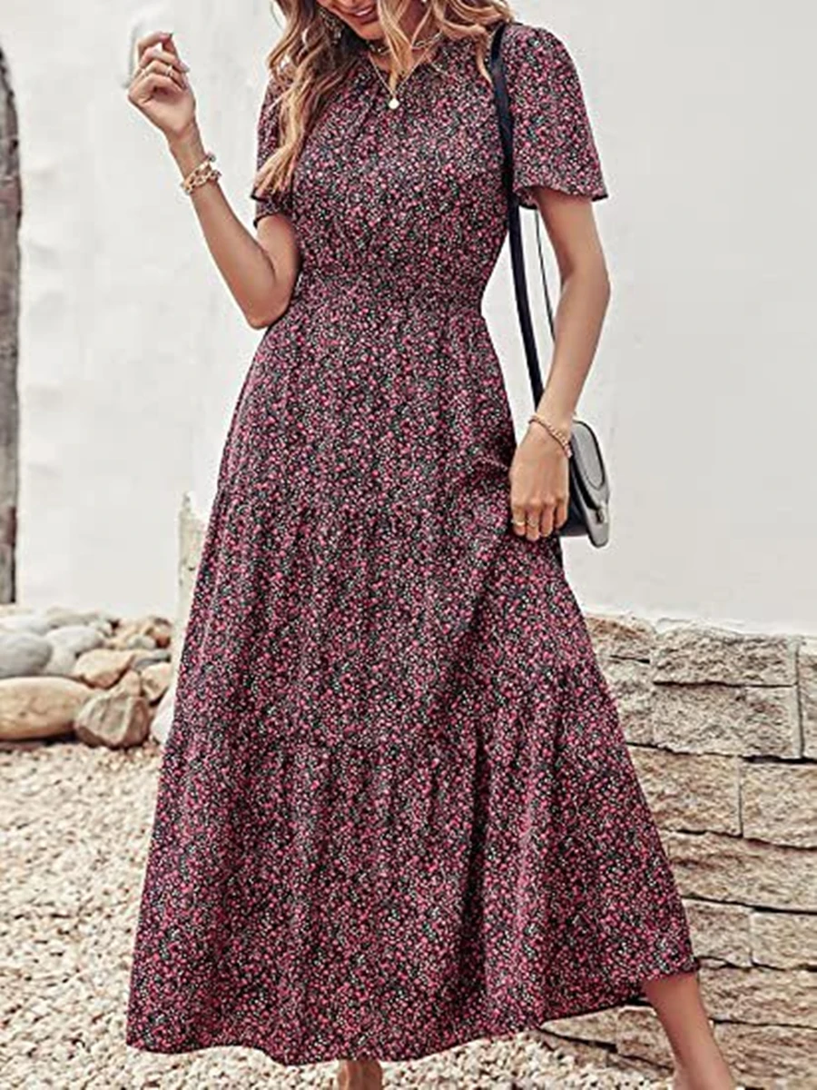 

Women Maxi Dress Elegant Floral Print Bohemian Dress Casual Short Sleeve Party Dress Vacation Party Dresses Mujer Robe Femme Été