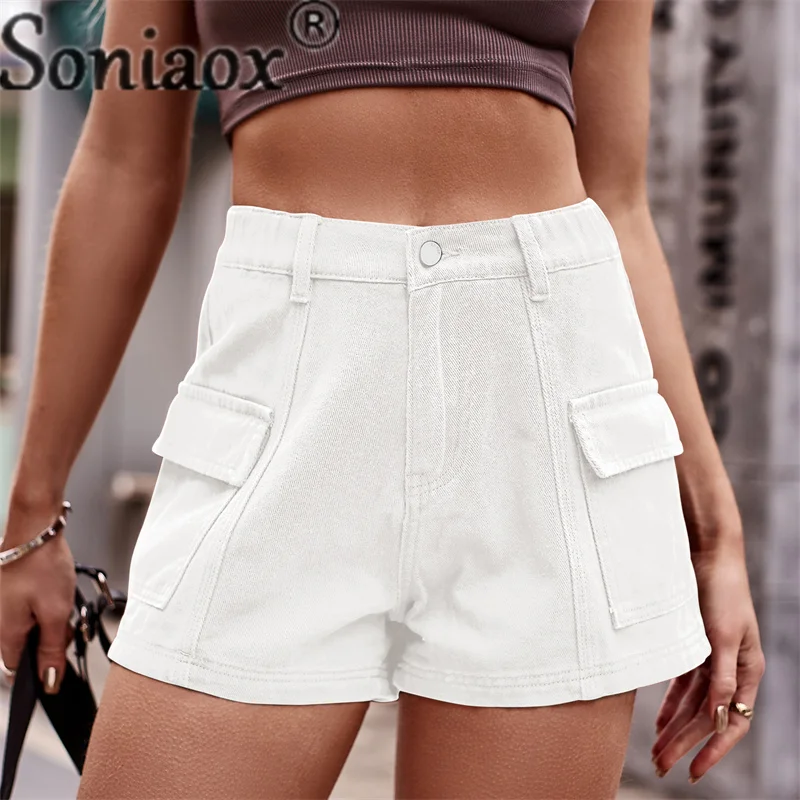Fashion Solid Color Shorts Summer New Women's Button Splicing Pocket Three Quarter Pants Ladies Casual American Style Streetwear