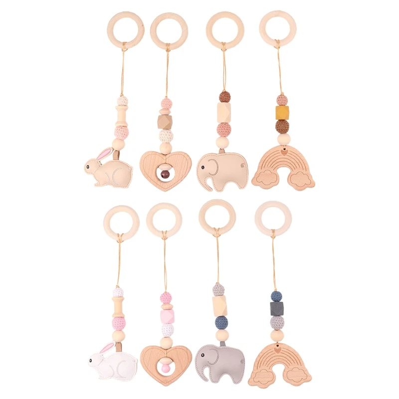 

4 Pcs Baby Gym Frame Pendants Wooden Ring Beads Teether Stroller Rattle Infants Newborn Nursing Molar Teething Toys Dropshipping