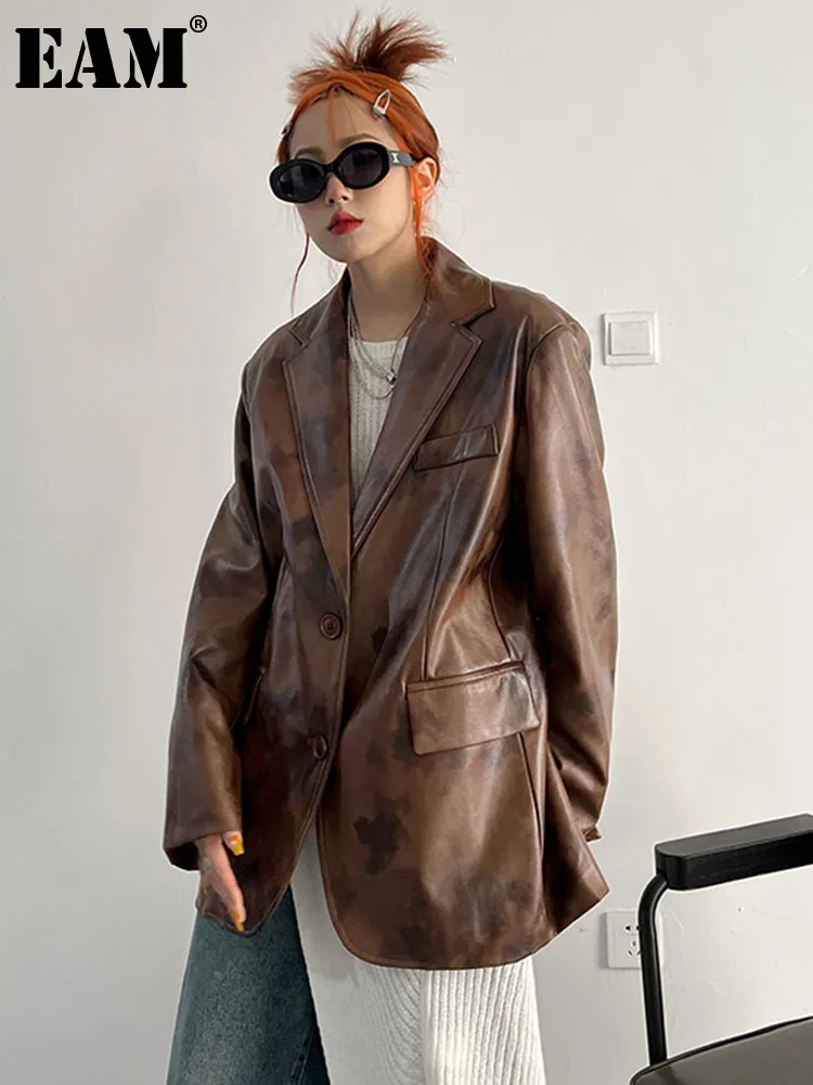 

[EAM] Свободная коричневая куртка из искусственной кожи большого размера, новая женская куртка с отворотом и длинным рукавом, модная весенне-...