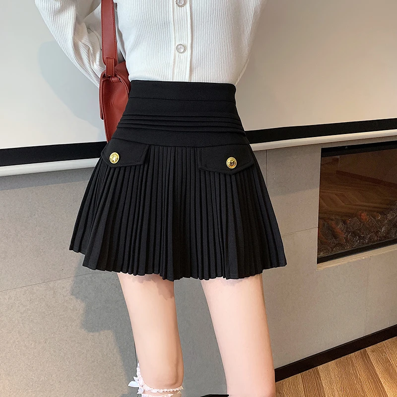 Трапециевидные черные шерстяные плиссированные юбки женские облегающие дикие