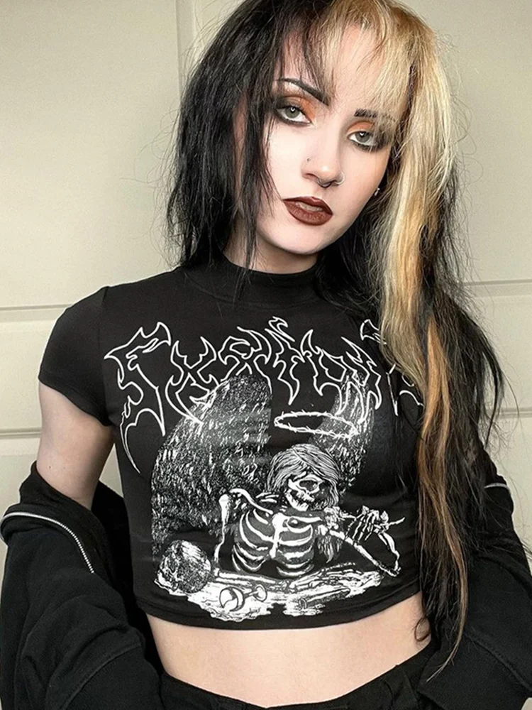 

Женская футболка с круглым вырезом, черная облегающая футболка с принтом черепа в готическом стиле