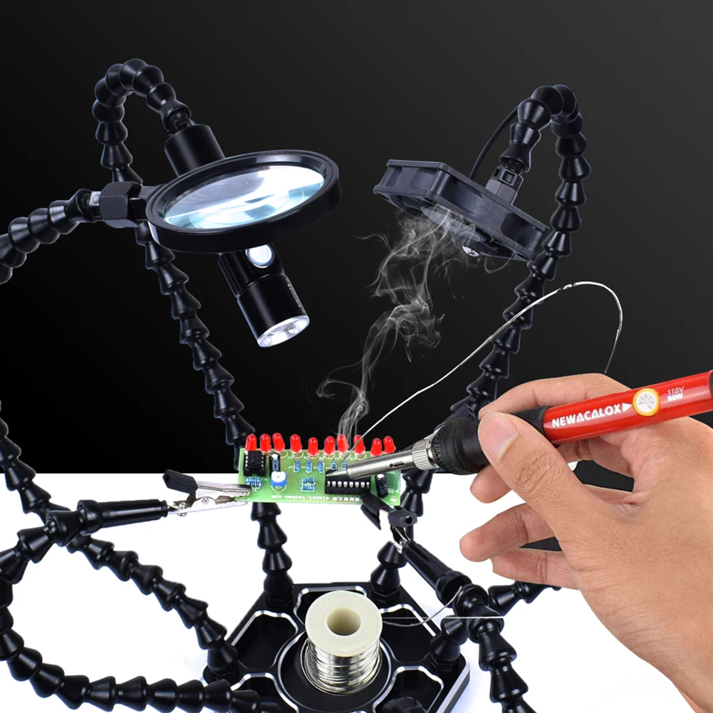 

Auxiliary Welding Table Wiht 3X Magnifier USB Light Fan PCB Holder Soldering Tool 6 Flexible Arms for Vise PCB/Crafts Repair