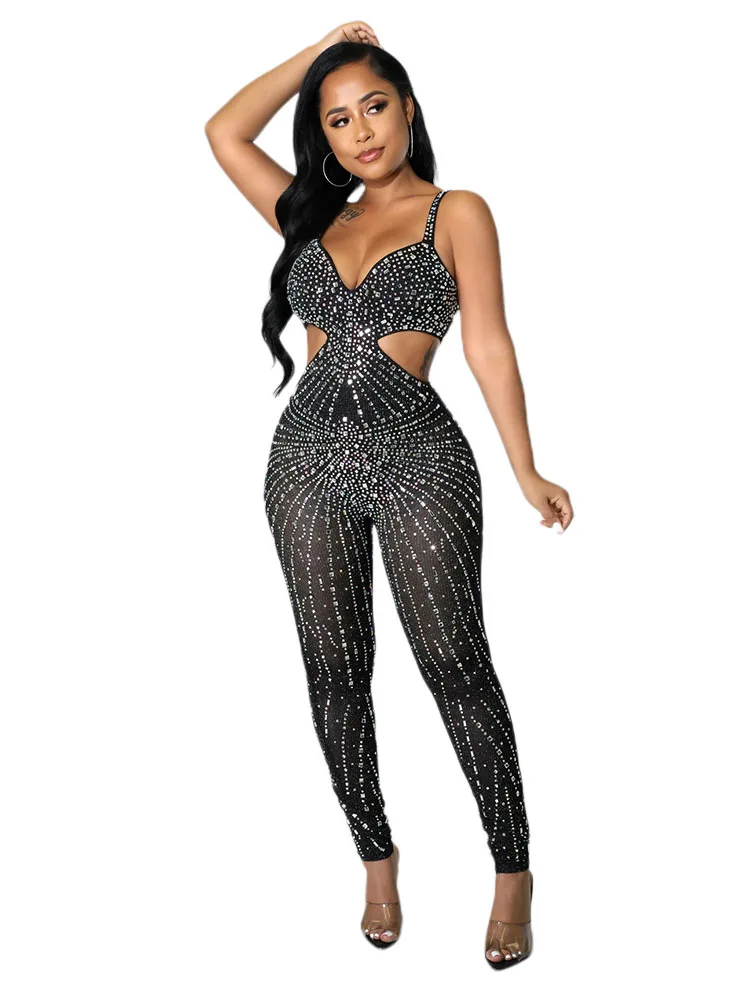 

Szkzk New Mesh perspective hot drill jumpsuit Women spaghetti strips hollow out See Through high waist sexy party jumpsuit