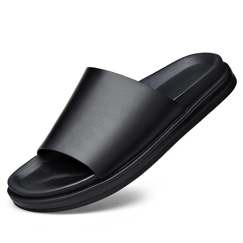 

2023 New Genuine Leather Slippers Men Thick Soles Non-slip Flip-flop Sandals for Men Fashion Causal Black Summer Shoes Male