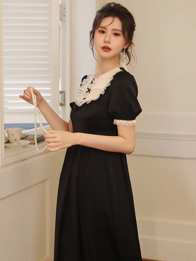 French Hepburn Nightgown for Women Summer Silk Nightgowns Ruffles Black Dress Sexy Lace Victorian Pajamas Sleepwear Homewear