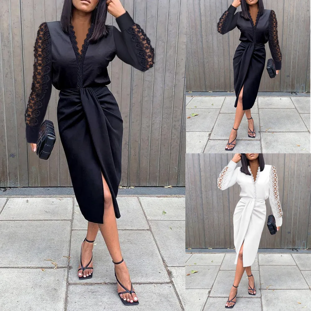 

Autumn and Winter V-neck Lace Long Sleeve Hip Wrap Waist Dress for Women