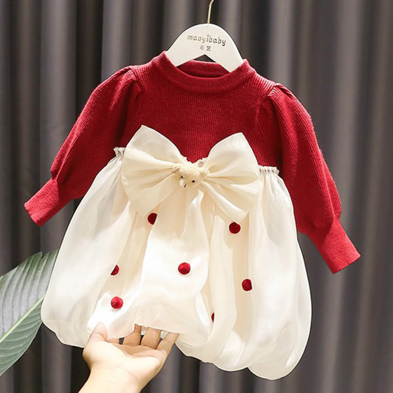 

Вязаное платье в иностранном стиле для маленьких девочек, платье принцессы, новогоднее платье с красным медведем, свадебные платья для малы...