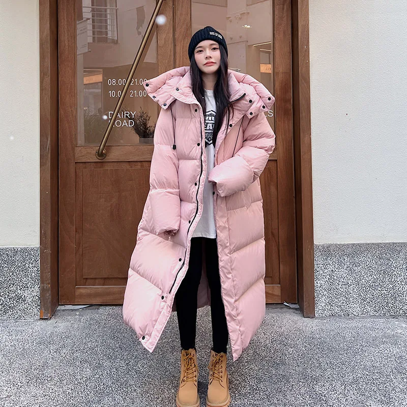 Thickened long over knee down jacket women's loose hooded pink coat