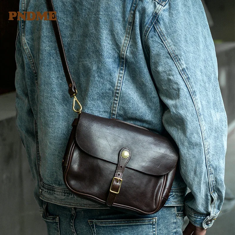 PNDME high quality luxury genuine leather men satchel fashion weekend outdoor daily natural real cowhide teens shoulder bag