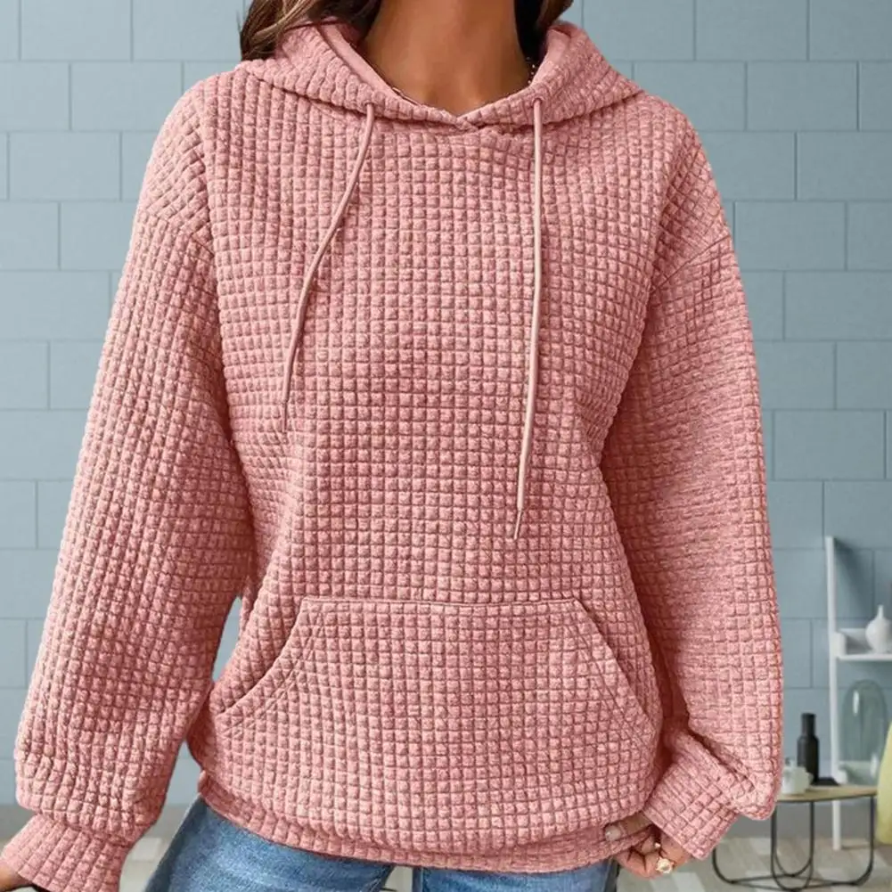 

Women Spring Autumn Sweatshirt Solid Color Pullover Pockets Casual Top Waffle Texture Hooded Drawstring Long Sleeve Hoodie