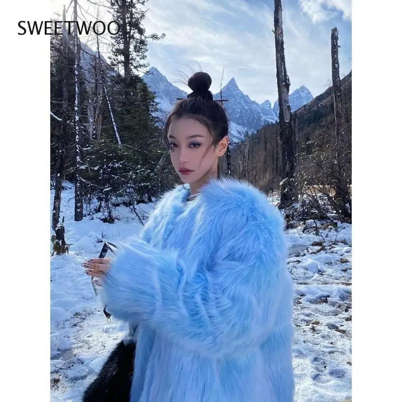 Winter Knitted Furry Faux Fox Fur Coat Chaquetas De Mujer Abrigo Peludo Casaco De Pele Fake Feminino Contracted Slim Tide 2022