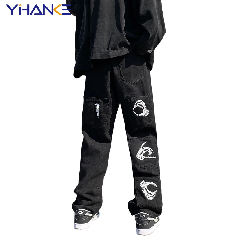 

YIHANKE Multi Pocket Black Jeans Men Skull Print Straight Loose Jeans High Street Versatile Workwear Wide Leg Pantalones Hombre