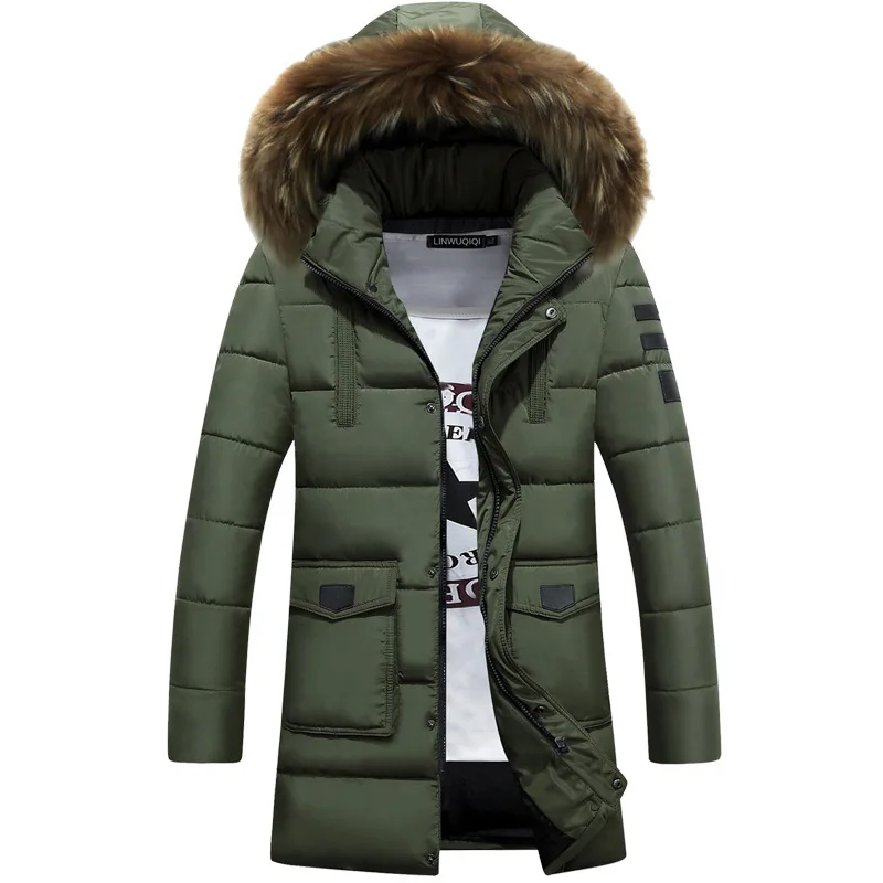 Winter Men's Cotton Coat Mid-Length Hooded Fur Collar Thickened Casual Youth Jacket Men's